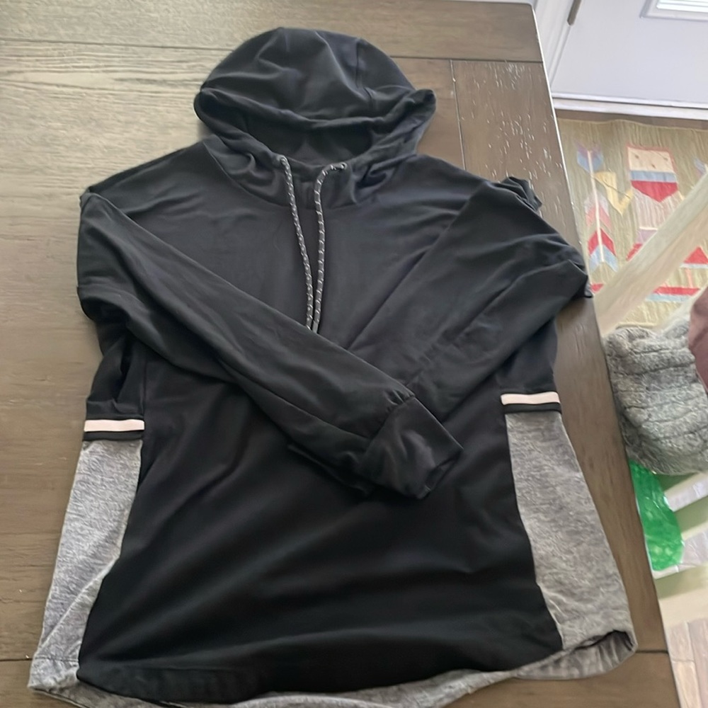 Serene tangerine,  Men’s Medium hoodie black+Gray w/ reflective stripes.